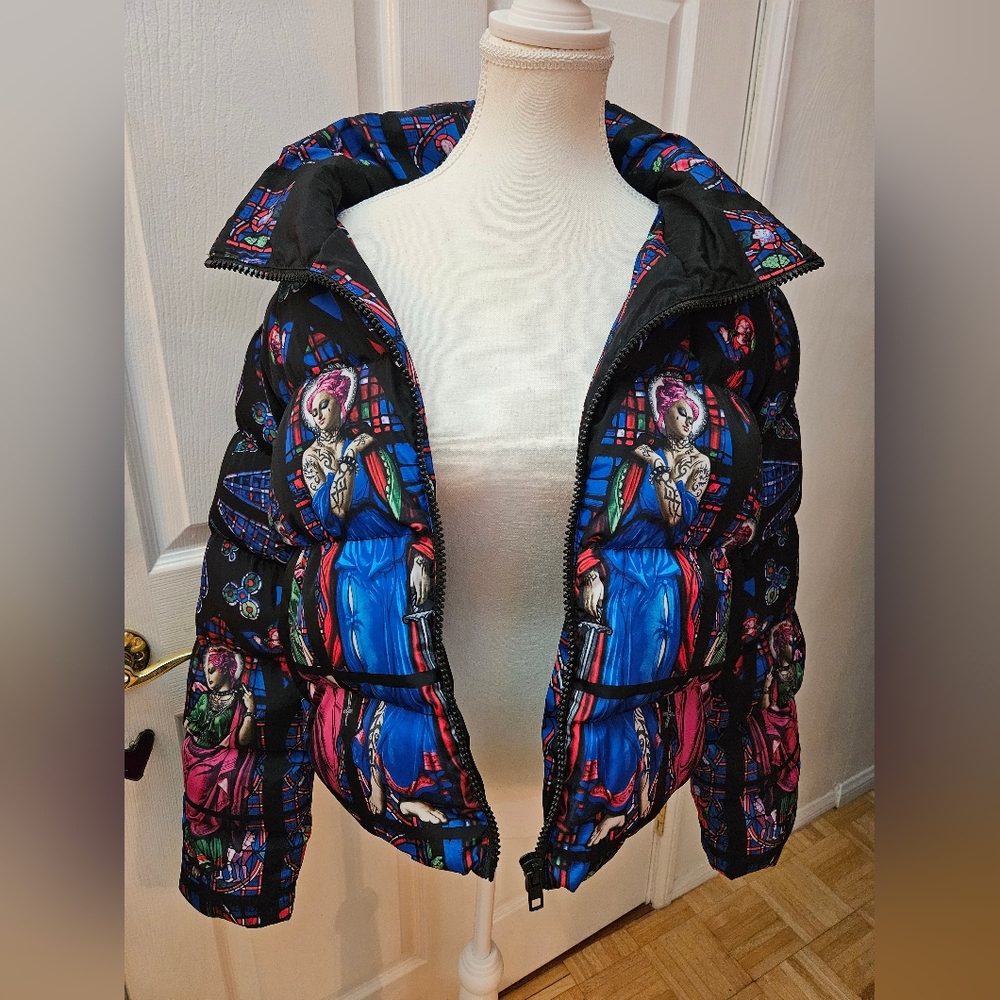 RARE NEW Dolls Kill Higher Calling Black Stained Glass Puffer Bomber Jacket M - Picture 5 of 8